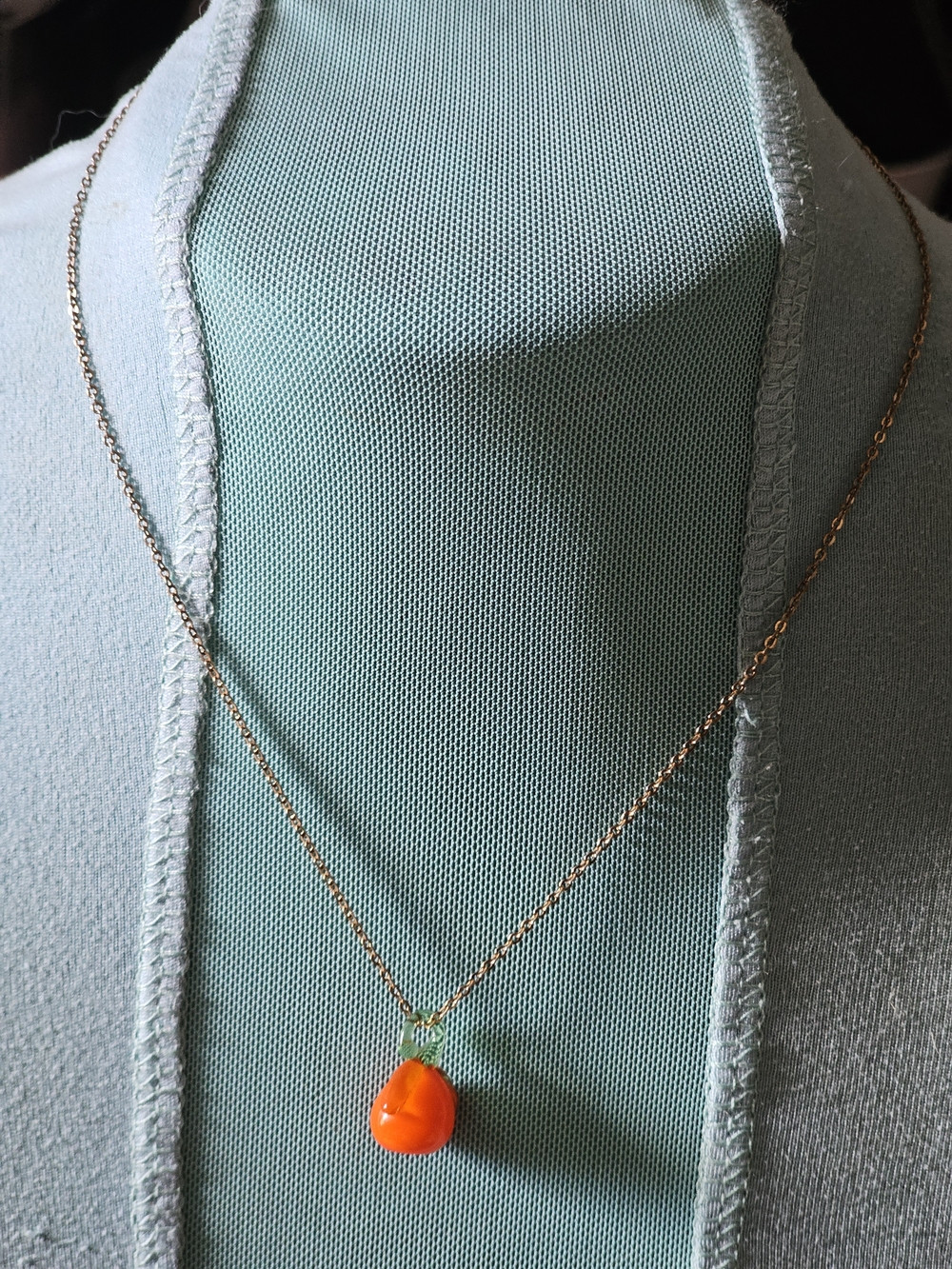 Gold Tone Chain Necklace with Orange Blown Glass Pendant
